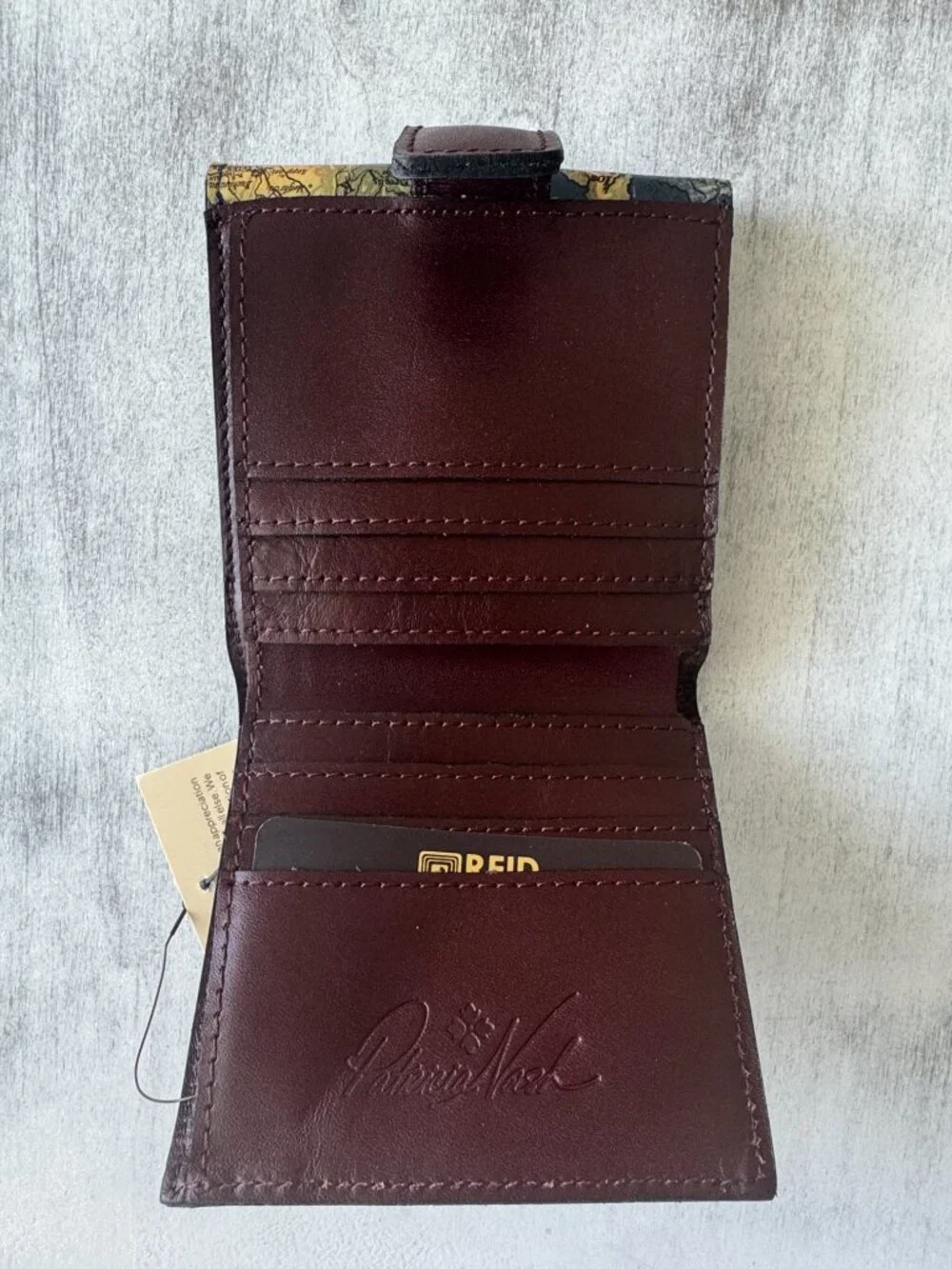 Patricia Nash Astra Greek Map Folding Artistic Leather RFID Wallet Blue Tan